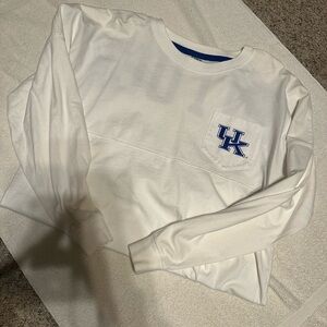 Women’s White Long Sleeve Shirt with Blue Emblem